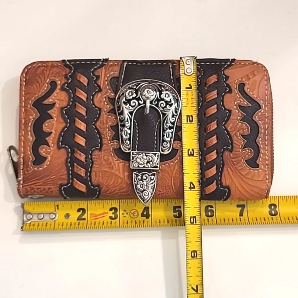 Zip Around Western Wallet Mini Clutch Laser Engraved PU Leather Floral Tooling